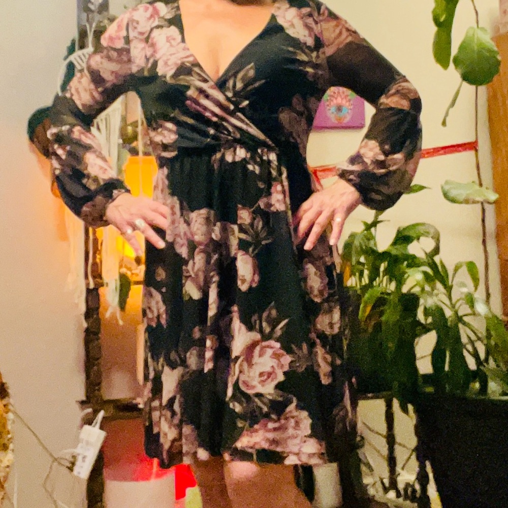 Charlotte Russe Black and Pink Floral Wrap Dress